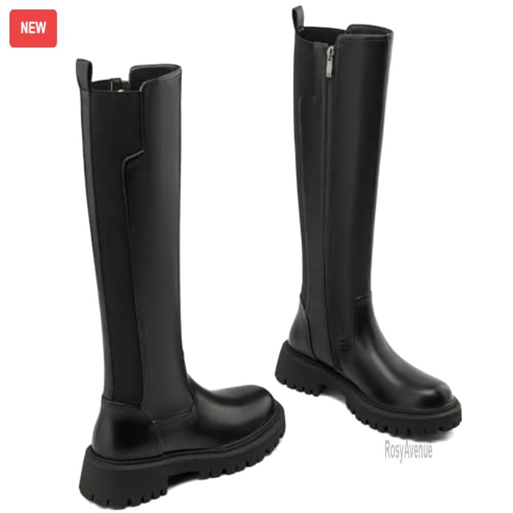 Women's Knee High Boots Platform Lug Sole Stretch Calf Riding Boots - Picture 5 of 7